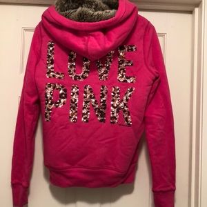 PINK fur lined hooded sweatshirt